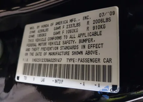 2009 Honda Accord 2.4 Lx-S z USA, uszkodzony, nr VIN 1HGCS12339A025147